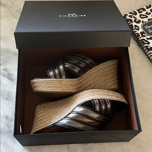 Coach Black and Silver Wedge Sandals